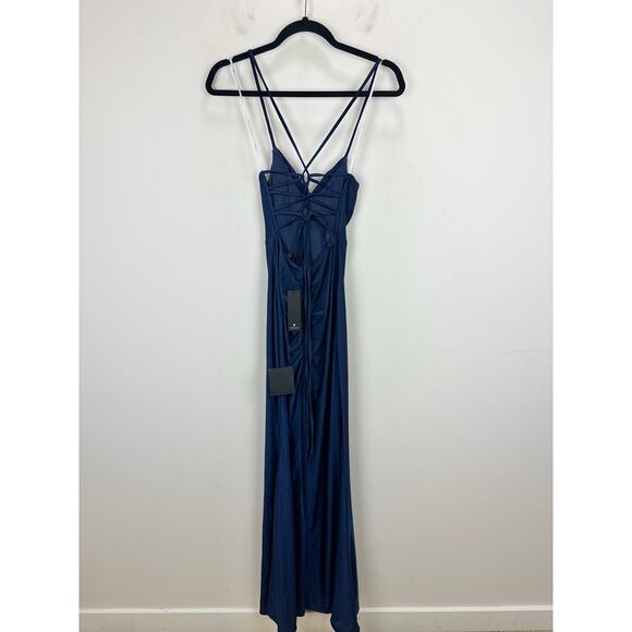 Lulus Iconic Allure Navy Blue Cowl Neck Lace Up Ruched Maxi Dress Stretch XS NWT - Picture 10 of 13
